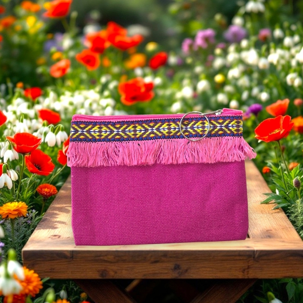 Embroidered Fringe Zippered Clutch with Key Ring - Pink
